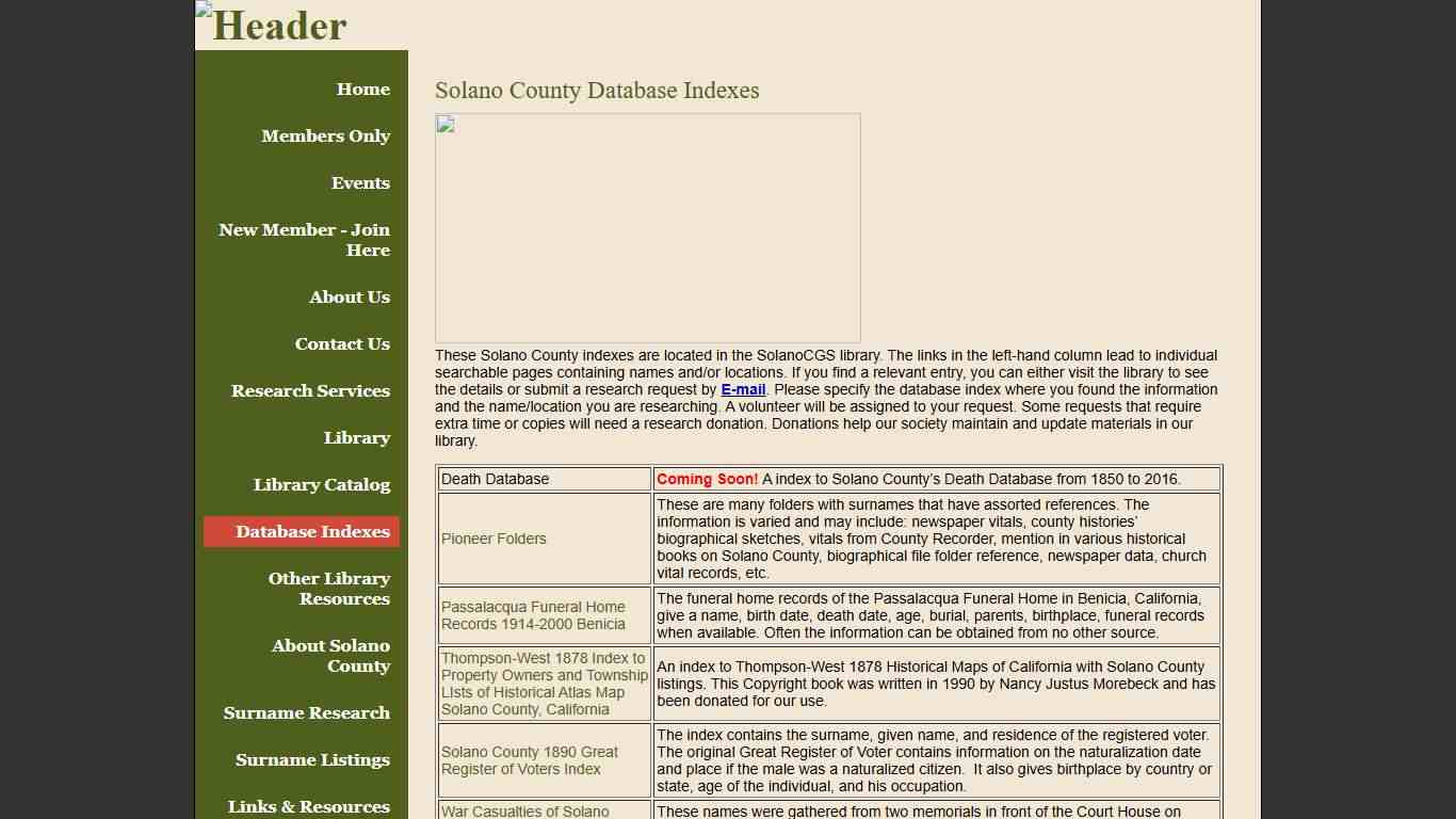 Solano County Genealogical Society - Database Indexes