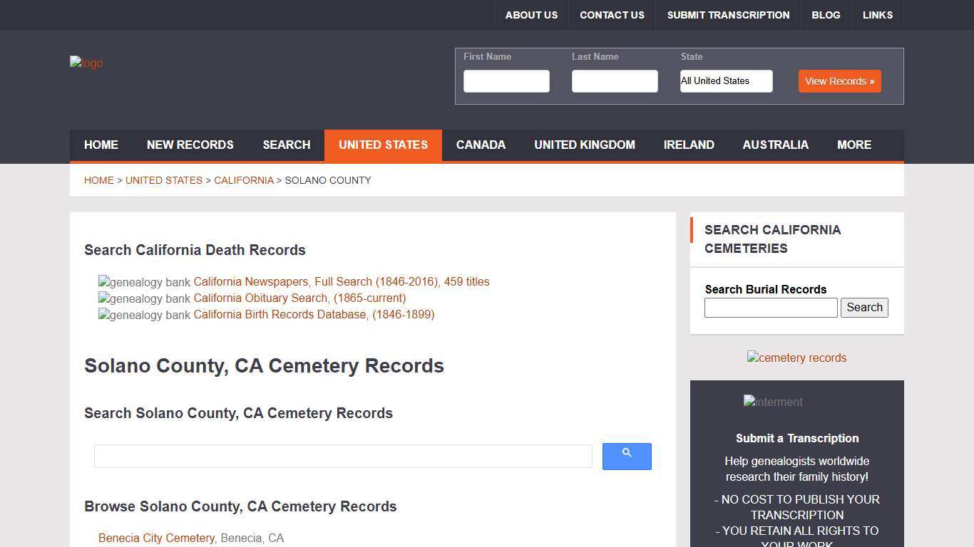Solano County Cemetery Records, California Genealogy