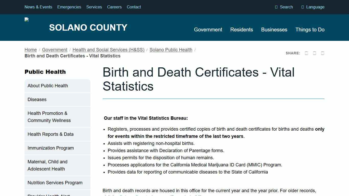 Birth and Death Certificates - Vital Statistics Solano County, California
