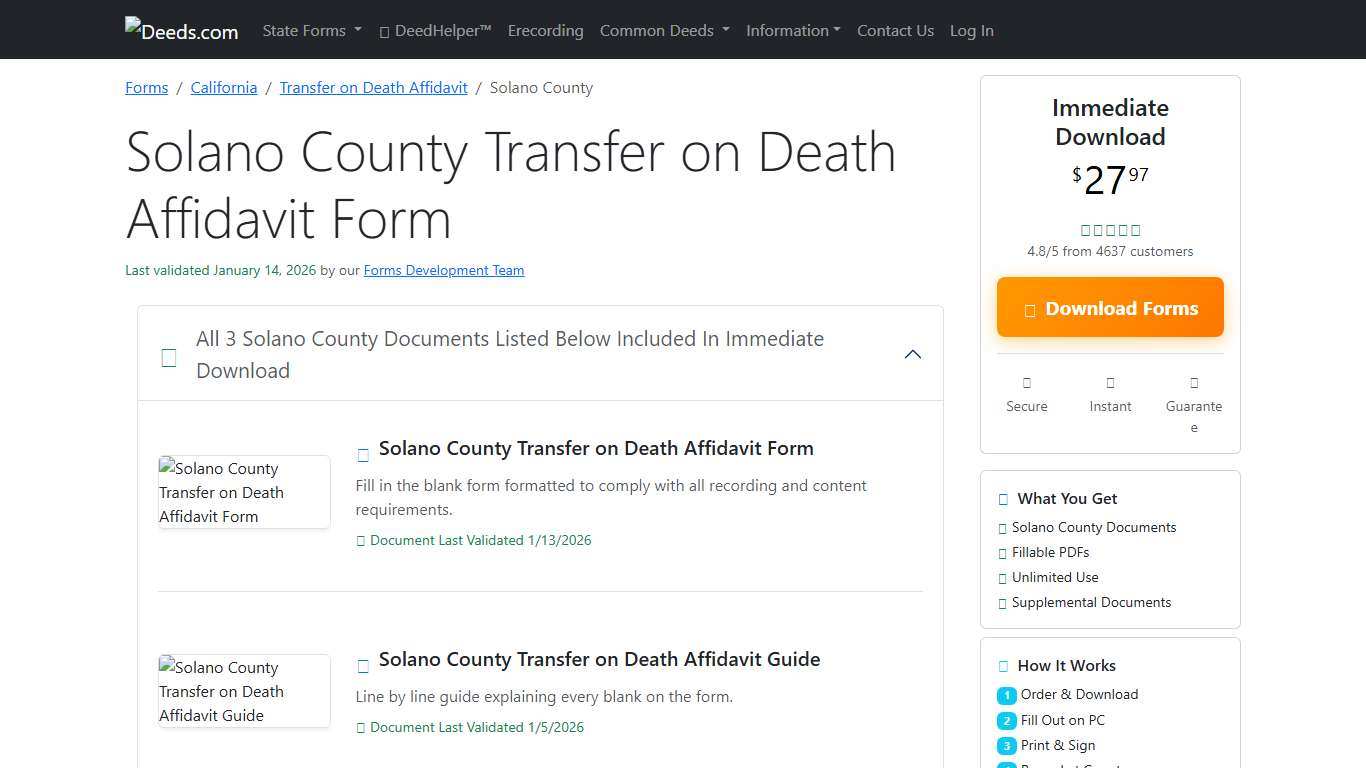 Solano County Transfer on Death Affidavit Form California Deeds.com