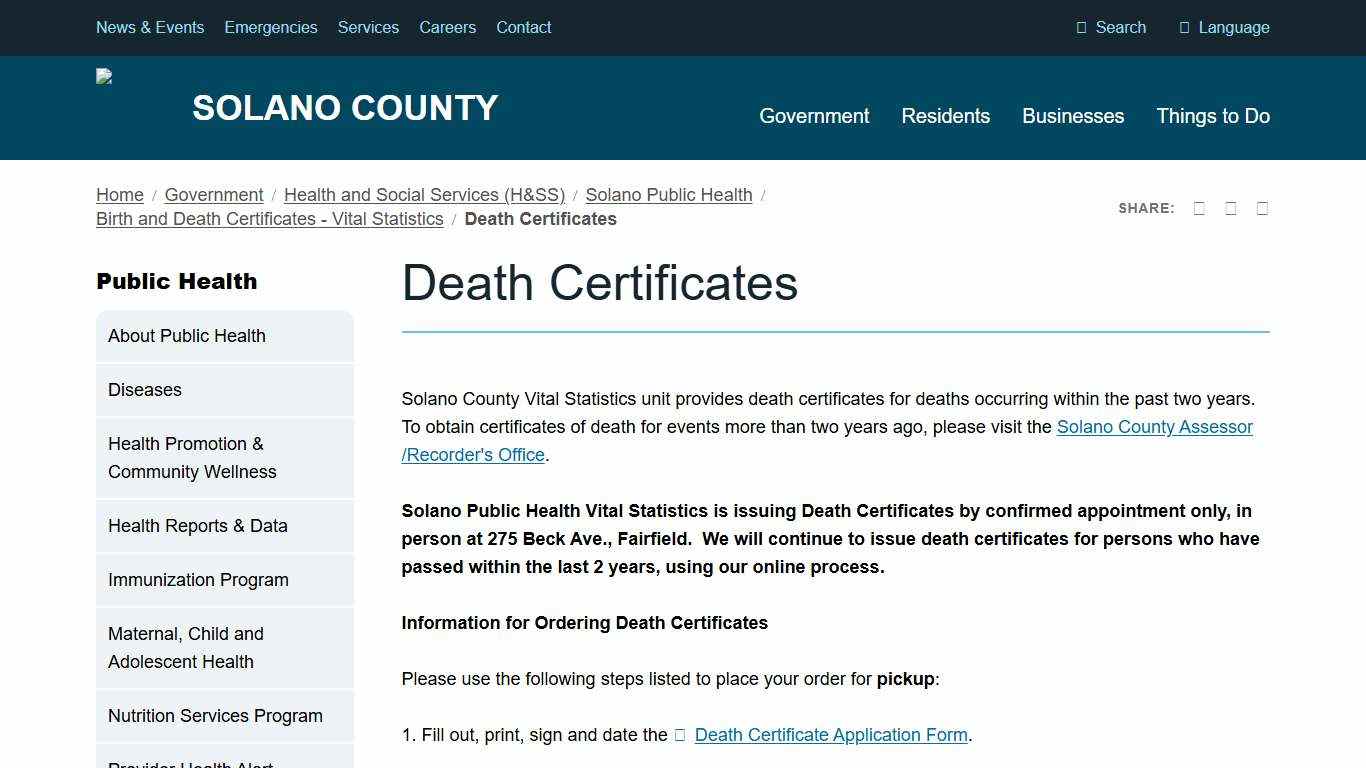 Death Certificates Solano County, California