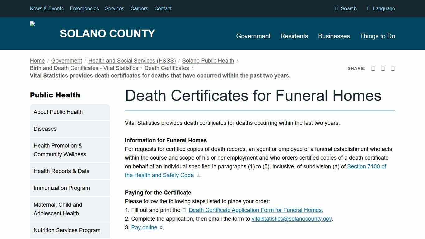 Death Certificates for Funeral Homes Solano County, California