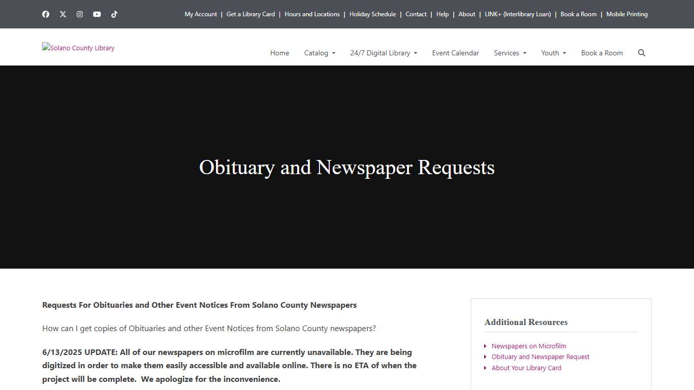 Obituary and Newspaper Requests - Solano County Library